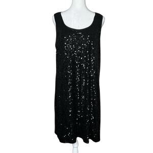 Loft Black Sequin Mesh Jersey Tank Dress L Stretch LBD Cocktail Party Dressy